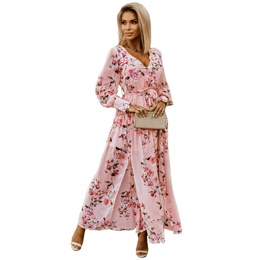 Long Sleeved Floral Printed Dress Spring Summer Waist Trimming Slimming Bohemian Dress-Pink-Fancey Boutique