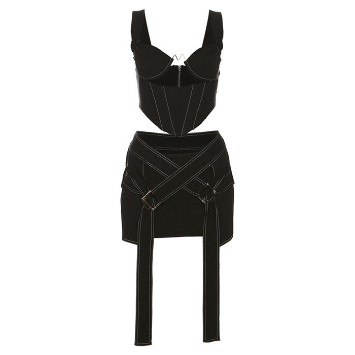 Color-Black-Spring Women Clothes Solid Color Stitching Vest Top High Waist Hip Slim Fit Skirt Set-Fancey Boutique