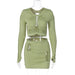 Color-Green-Women Clothing Autumn Hollowed out round Neck Long Sleeve Top Slim Skirt Set-Fancey Boutique