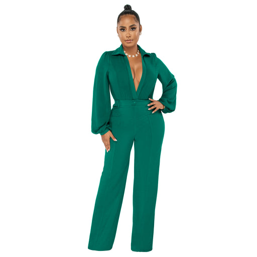 Color-Green-Women Clothing Jumpsuit Sexy V neck Long Sleeve Tight Blouse Trousers Autumn Winter-Fancey Boutique