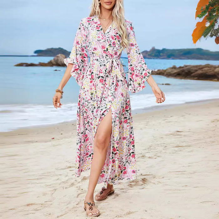 Summer Bohemian Beach Vacation Ruffle Sleeve Lace up Dress-Fancey Boutique