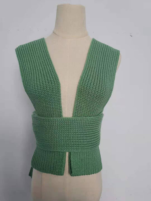 Color-Green-Women Clothing Sexy Lace-up Sweater Inner Wear Outer Wear DIY Modeling Variety Woolen Tied Top-Fancey Boutique