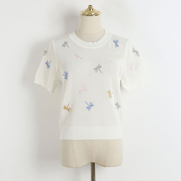 Summer Embroidery Dragonfly Hollow Out Cutout Knitted Short Sleeved Women Clothing Niche Loose Top-Fancey Boutique