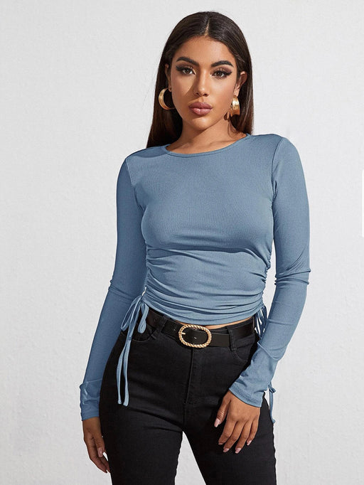 Color-Haze blue-Women Clothing Autumn Pullover Long Sleeve T-shirt Drawstring Slim Short Solid Color Casual Top-Fancey Boutique