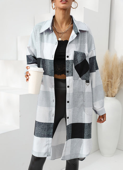 Color-Gray-Women Clothing Autumn Winter Plaid Single Breasted Long Trench Coat-Fancey Boutique