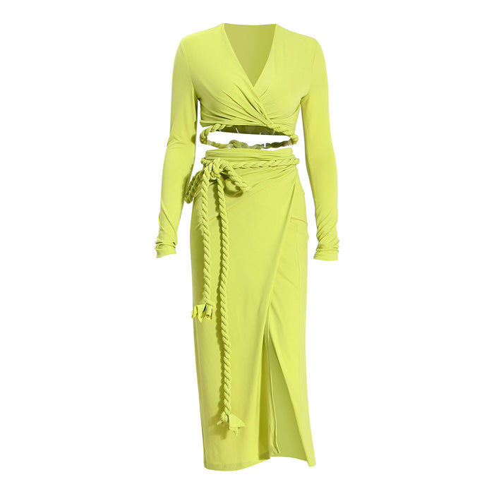 Color-Mustard Green-Women Set Summer Lightly Mature Advanced Sexy V Neck Top Skirt Two Piece Set-Fancey Boutique