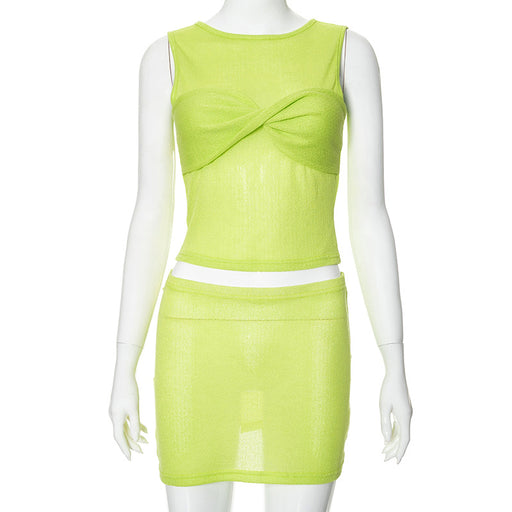 Women Clothing Summer Casual Solid Color Twist Sleeveless Vest Low Waist Hip Wrapped Skirt Sets-Green-Fancey Boutique