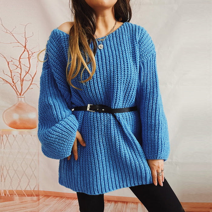 Color-Blue with Belt-Autumn Winter Loose Solid Color off Neck Thickened with Belt Knitted Sweater Dress-Fancey Boutique