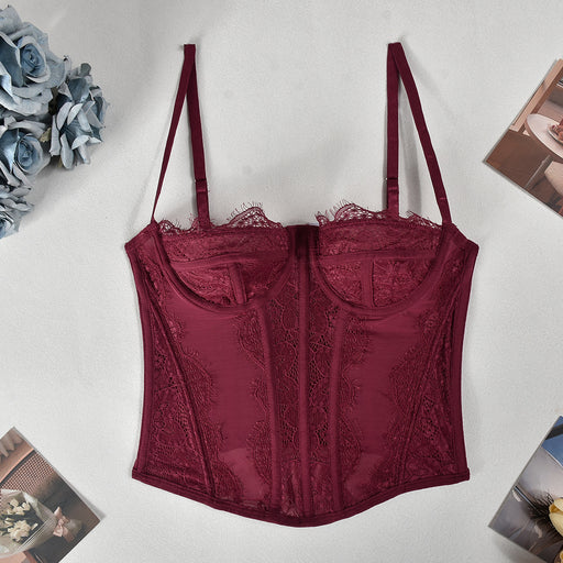 Color-Burgundy-Popular Lace Plastic Bones Body Shaping Sexy Tube Top Strappy Hollow Out Cutout Backless See through Spaghetti Straps Outerwear-Fancey Boutique