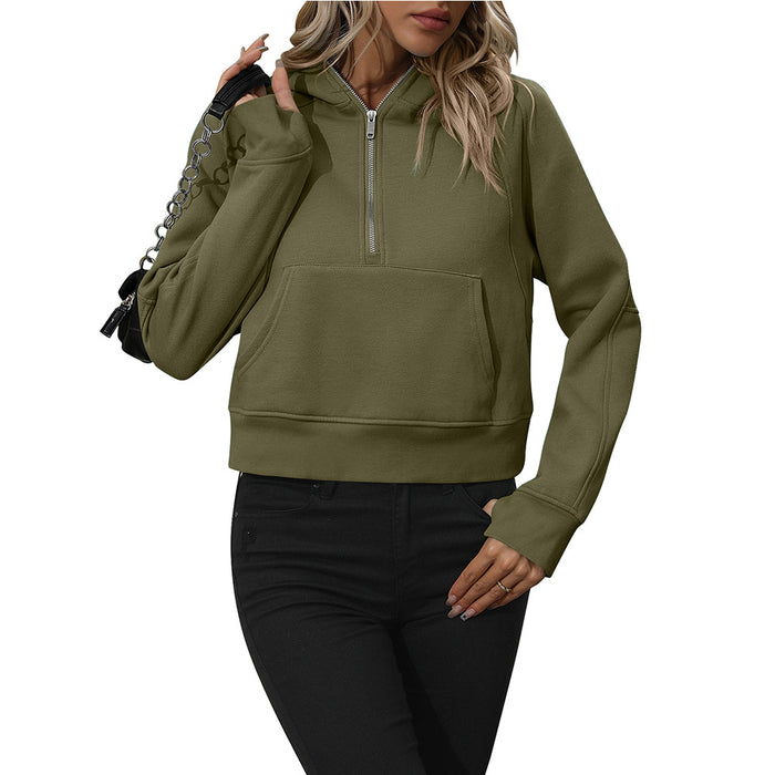 Color-Army Green-Ladies Half Zip Pullover Sweatshirt Short Chic Sweatshirt-Fancey Boutique