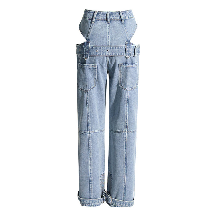 Spring Cropped Outfit Straight Leg Pants Design Overalls Trousers Washed Jeans Women-Fancey Boutique