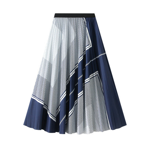 Color-Blue-Pleated Digital Printed Skirt for Women Autumn High Waist Slimming Mid Length Large Swing Skirt-Fancey Boutique