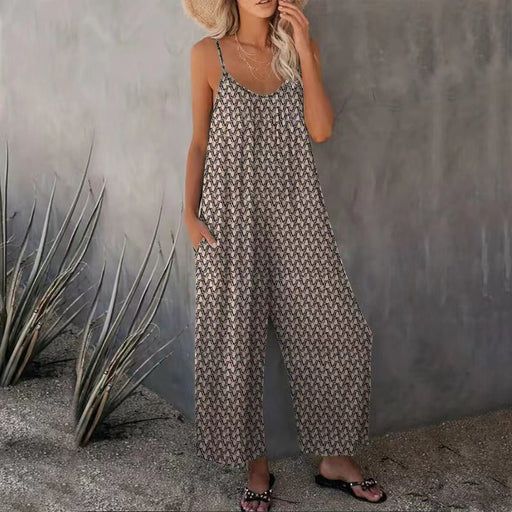 Color-Khaki-Summer Women Printed Casual Sleeveless Loose Wide Leg Jumpsuit-Fancey Boutique