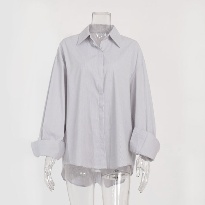 Striped Shirt Autumn Simple High Grade Hidden Button Long Sleeve Striped Cardigan-Light Gray-Fancey Boutique