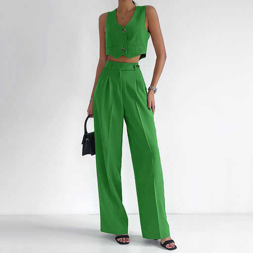 Color-Green-Summer Cotton Linen Suit Women V Neck Slim Fit Vest Sleeveless Top Straight Leg Trousers Two Piece Set-Fancey Boutique