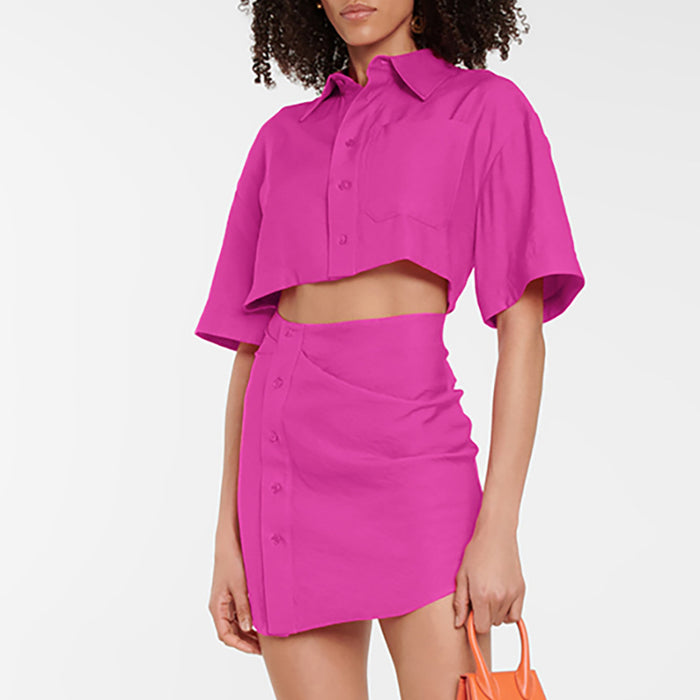Color-Pink-Summer Shirt Short Hip Short Dress Rose Red Short Sleeve Women Clothing-Fancey Boutique