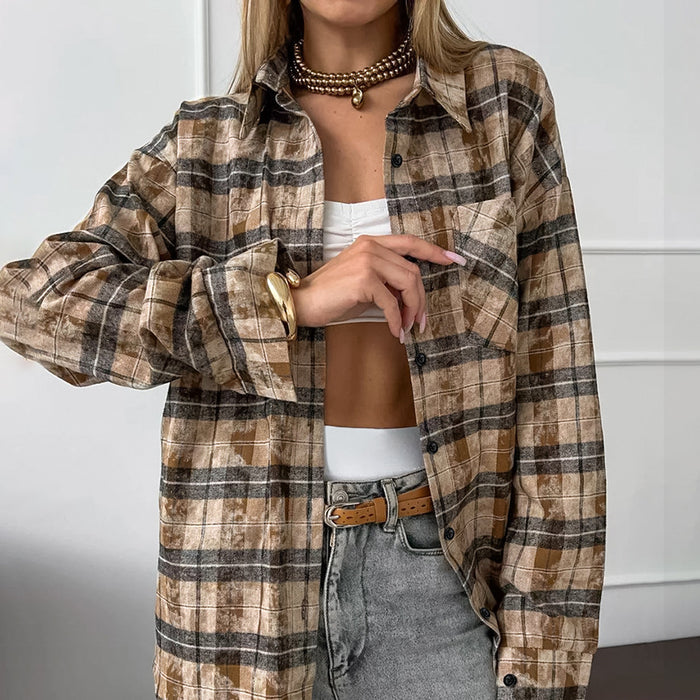 Classic Retro Cotton Long Sleeve Loose Plaid Shirt Autumn Pocket Plaid Shirt Casual Women Clothing