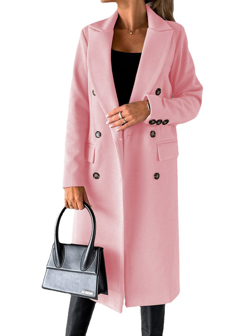 Color-Pink-Autumn Winter Women Clothing Long Sleeve Polo Collar Solid Color Double Breasted Slim Coat Woolen Coat-Fancey Boutique