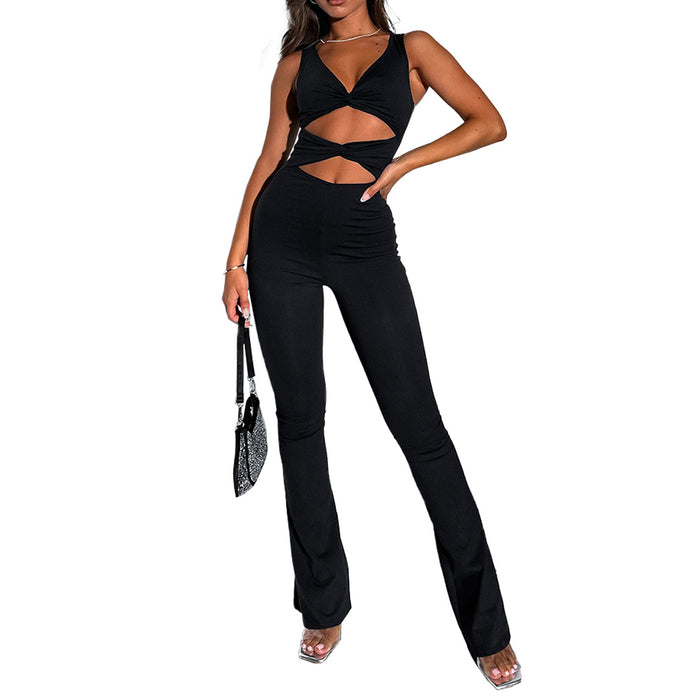 Color-Black-Women Clothing Solid Color Slimming Hollow Out Cutout Twist One Piece Bell Bottom Pants Jumpsuits-Fancey Boutique