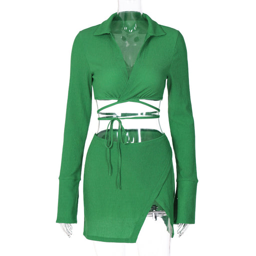 Color-Green-Women Clothing Summer Cardigan Long Sleeve Collared Top Slim Fit Short Skirt Set-Fancey Boutique