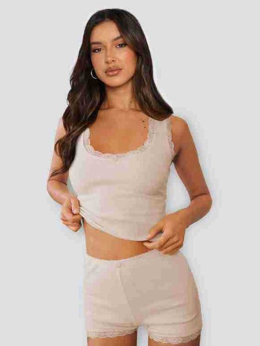 Color-Apricot-Lace Stitching Home Two Piece Slim Fit Sling High Waist Shorts Women Multi Color Casual Suit-Fancey Boutique