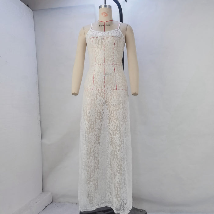 Women Clothing Spring Summer Lace Transparent Sexy Sling Dress Women Dress High-Grade Beach Party Sexy-White-Fancey Boutique