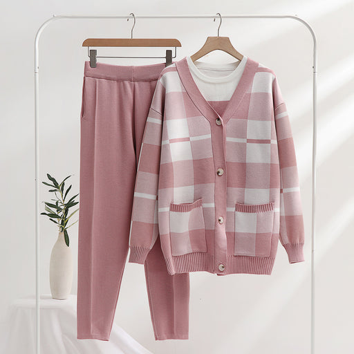 Color-Pink-sets Women Knitted Sweater Three Piece sets Autumn Winter Office-Fancey Boutique