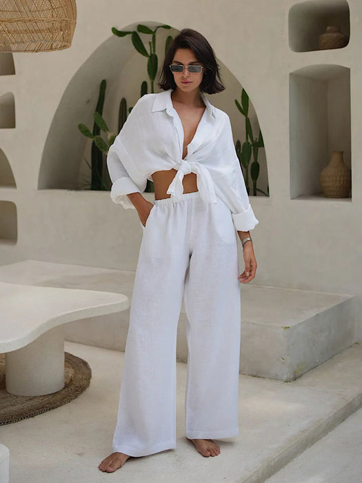 Long Sleeved Casual Suit Autumn Women Loose Casual Cotton Shirt Trousers Suit-White-Fancey Boutique