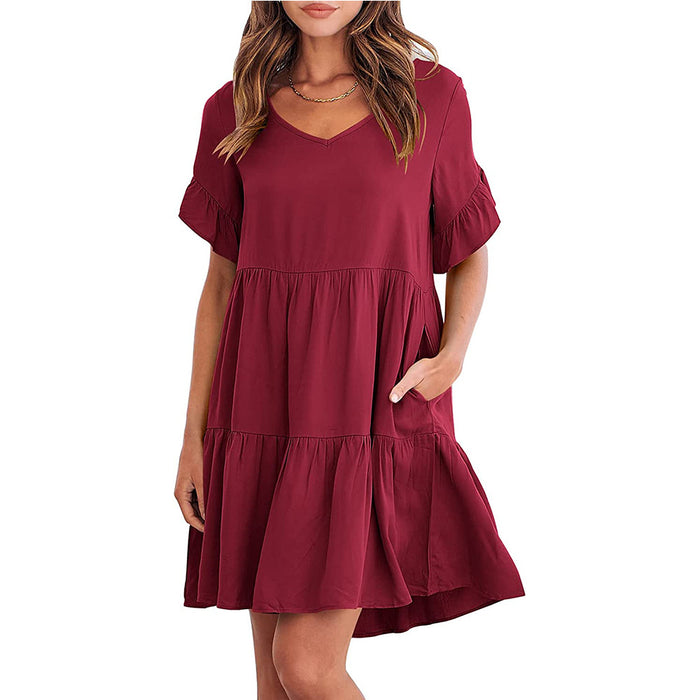 Color-Burgundy-Women Summer Casual V Neck Little Girl Clothes Three Layer Pleated Dress-Fancey Boutique