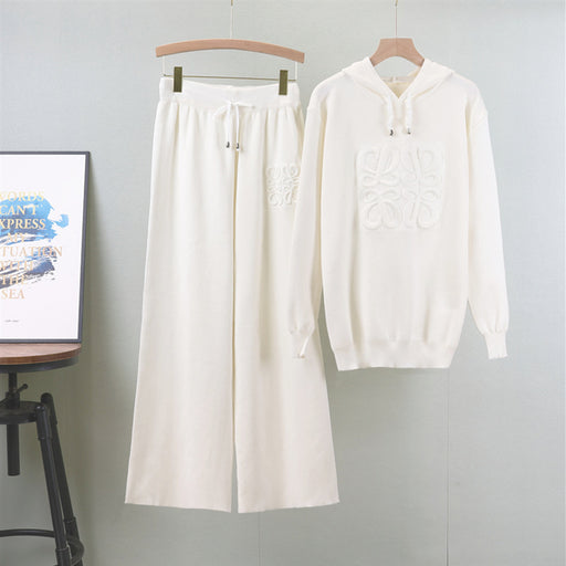 Suit Western Casual Russian Hooded Cored Yarn Sweater Wide Leg Pants Knitted Two Piece-White-Fancey Boutique