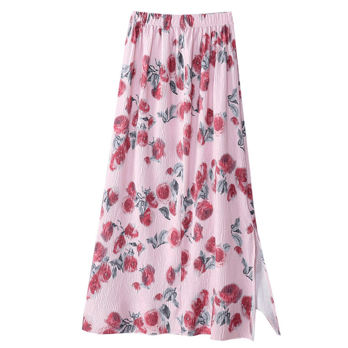 Vintage Floral Split Skirt Summer New High Waisted A Line Midi Length Skirt-Fancey Boutique