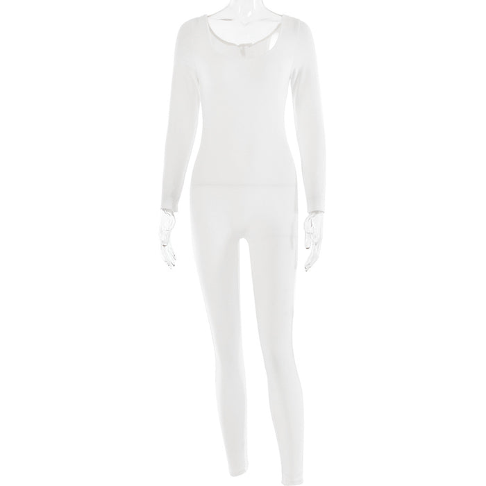 Color-White-Sexy Soft High Elastic Long Sleeve Tights U Collar Stitching Trousers Jumpsuit-Fancey Boutique