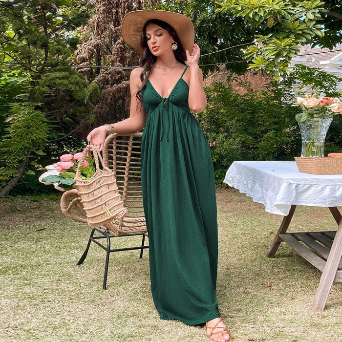 Color-blackish green-Women Clothing Holiday Beach Dress Sexy Backless Waist Trimming A line Strap Dress-Fancey Boutique