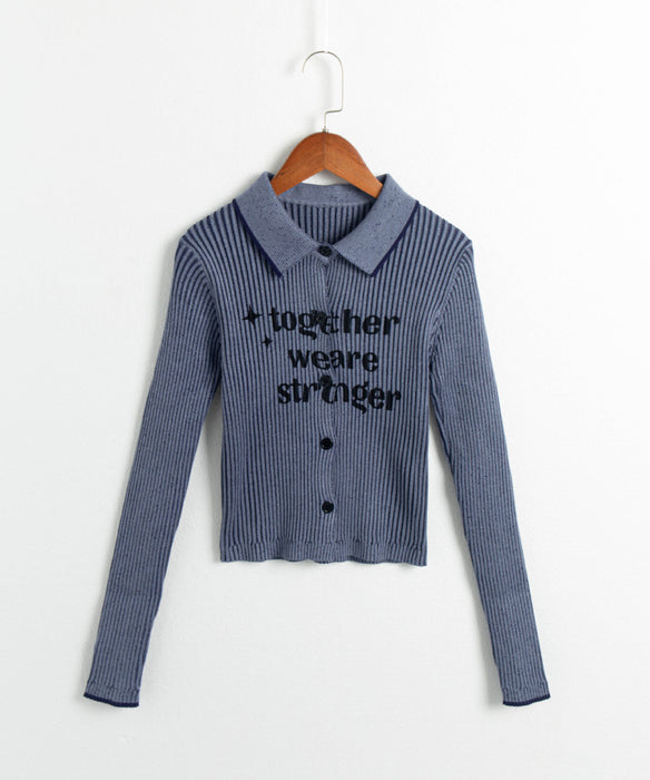 Color-Blue-Autumn Collared Long Sleeve Letter Graphic Print Color Contrasting Stripe Stretch Slim Sweater-Fancey Boutique