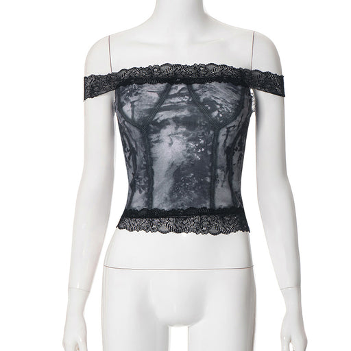 Color-Black-Sexy Sexy Lace Stitching Printing off-Shoulder Collarbone Crop Top Short Top Women-Fancey Boutique
