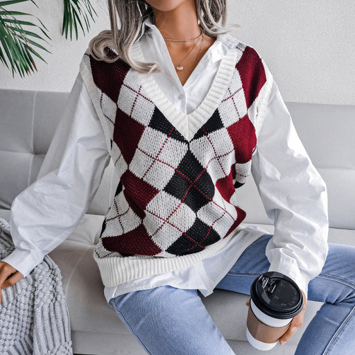 Color-Red-Autumn Winter College Rhombus V-neck Casual Loose Knit Vest Sweater Women Clothing-Fancey Boutique