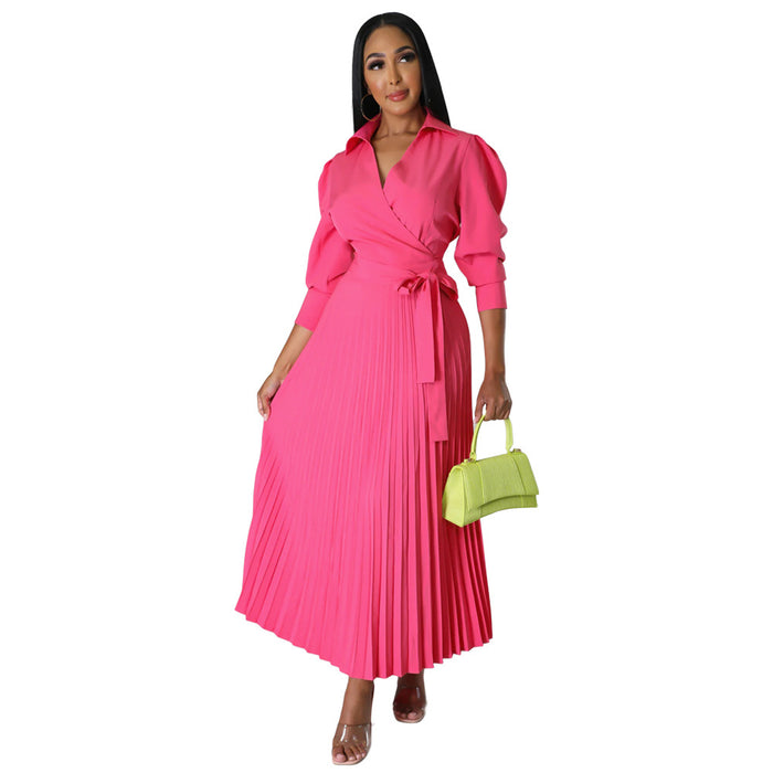 Color-Coral Red-Spring Summer Long Sleeves Polo Collar High Waist Casual Pleated Women Clothing Dress-Fancey Boutique