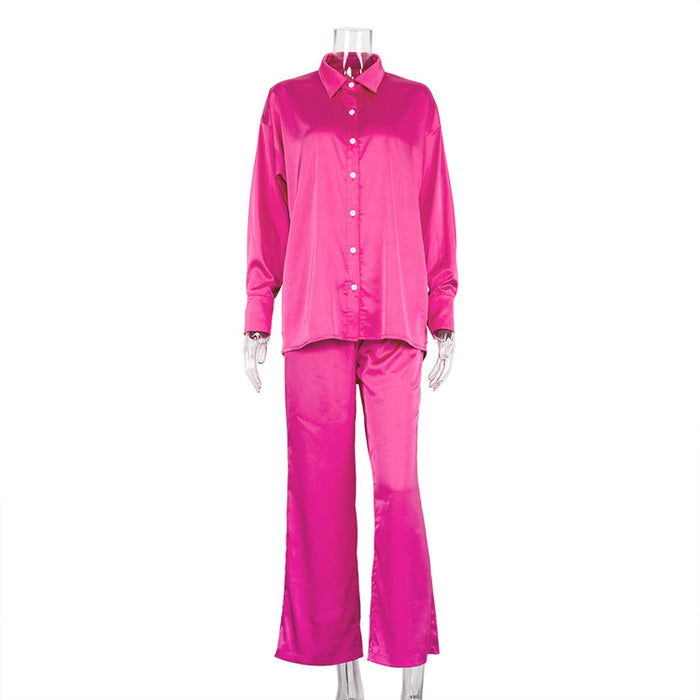 Early Spring Women Clothing Satin Shirt Office Draping Silky Straight-Leg Trousers Simple Casual Suit-Pink-Fancey Boutique