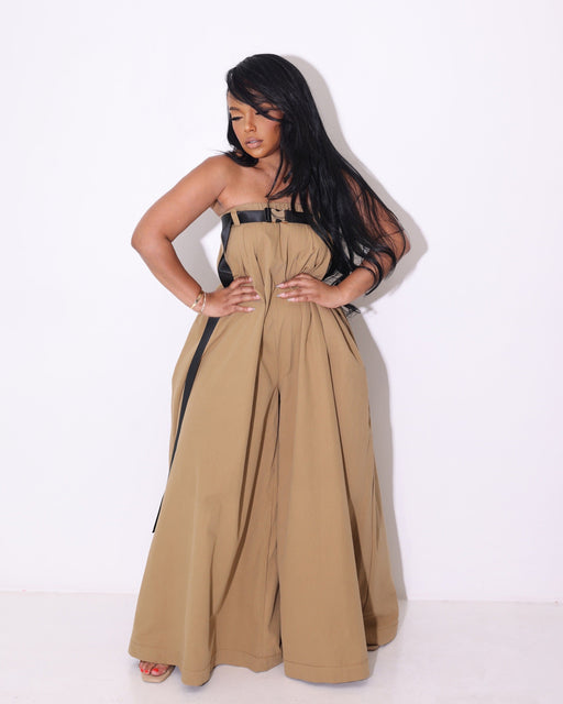 Color-Camel-Sexy Women Wear Fashionable off Shoulder Wide Leg Jumpsuit With Belt-Fancey Boutique