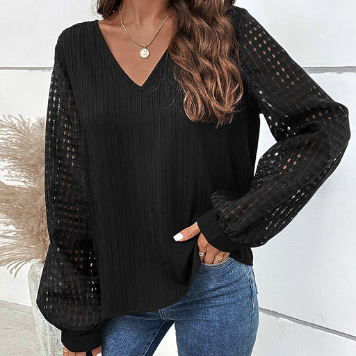 Fashionable Stylish Solid Color V neck Top Solid Color Bishop Sleeves Top Hollow Out Cutout Shirt-Black-Fancey Boutique