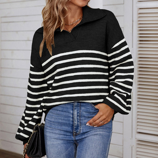 Color-Black-Autumn Winter Mixed Color Stripe Polo Collar Sweater Women Lantern Sleeve Sweater-Fancey Boutique