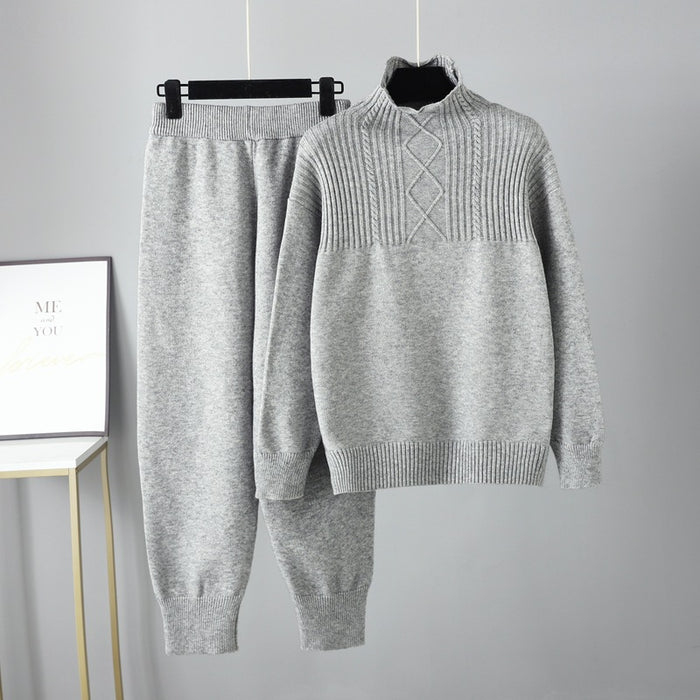 Color-Gray-Half Turtleneck Casual Loose Sweater for Women Autumn Winter Gentle Soft Glutinous Knitted Trousers Suit for Women-Fancey Boutique