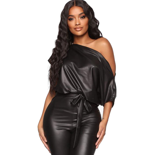 Color-Black-Women Clothing Stretch Sexy Faux Leather Waist Slant Shoulder Lace-up Jumpsuit-Fancey Boutique