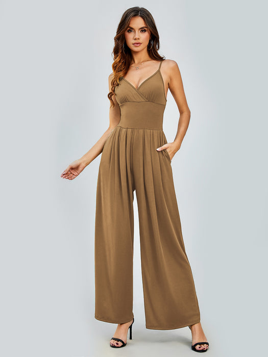 Color-Khaki-Women Clothes Solid Color Casual Sexy Sling Backless High Waist Slimming Straight Pants Set-Fancey Boutique