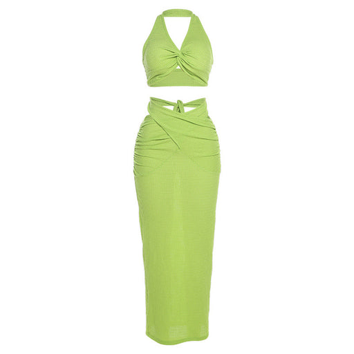 Color-Green-Summer Women Clothing Halter Backless Vest Slim Fit Sheath Skirt Set Women-Fancey Boutique