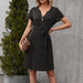 Color-Black-V Neck Waist Controlled Slimming Elegant Tied Short Sleeve Casual Dress for Women-Fancey Boutique