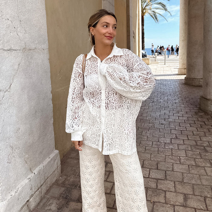 Color-White-Summer Women Clothing French White Lace Long Sleeve Shirt Women Loose Hollow Out Cutout High Grade Shirt-Fancey Boutique