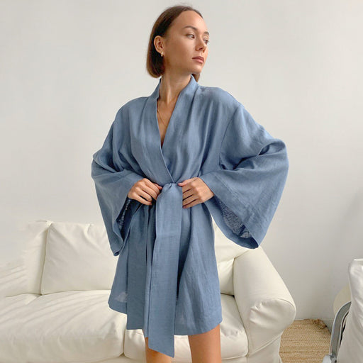 Color-Blue1-Autumn Winter French Comfortable Loose All Cotton Imitation Linen Cardigan Strap Moisture Wicking Clothing-Fancey Boutique