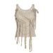 Color-Khaki-Tassel Lace Vest Women Design Solid Color Sexy Low Collar Spaghetti Straps Sleeveless Short Top-Fancey Boutique