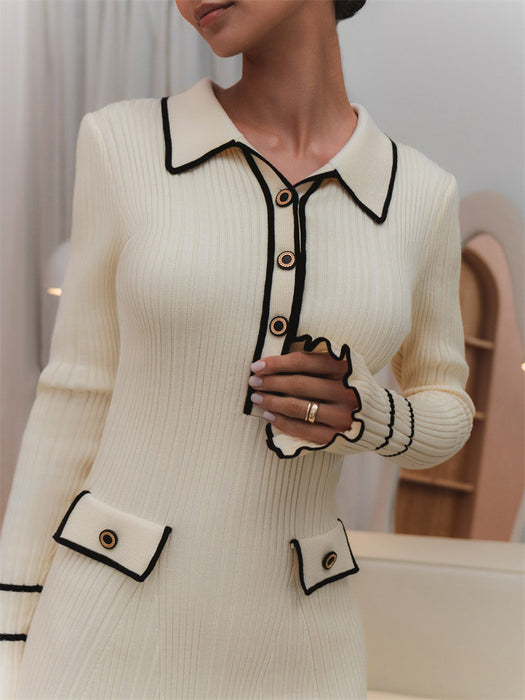 Slim Fit Graceful Long Sleeve Knitted Dress Women Spring Short French Sunken Stripe Tight Collared Dress-Fancey Boutique